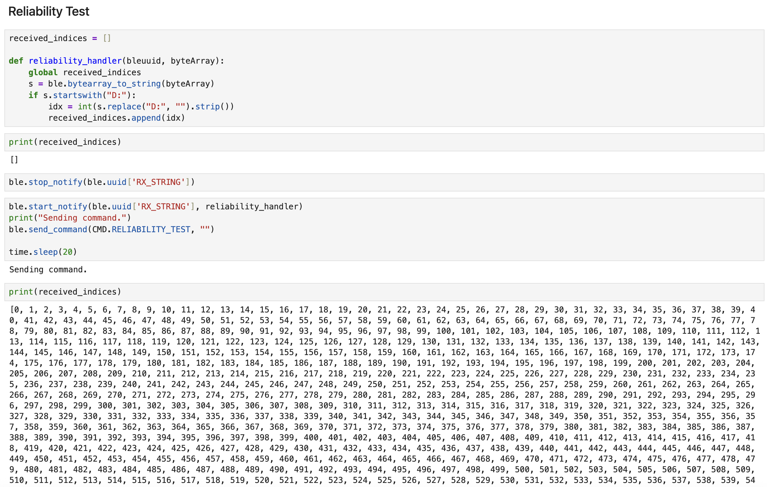 Reliability Test Code and Output
